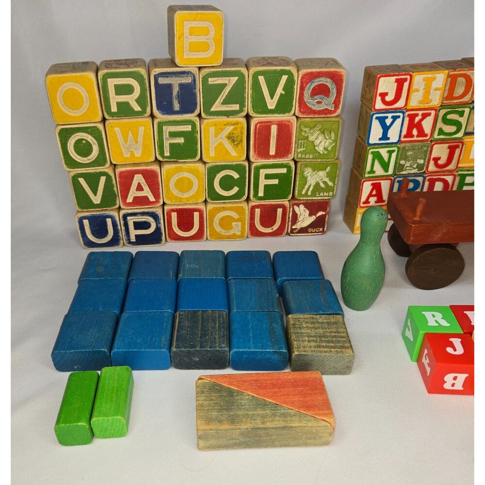 Vintage Letter Character Wood Block Truck Car Lot 110 Blocks 2 Cars Raggedy Ann - Picture 6 of 16